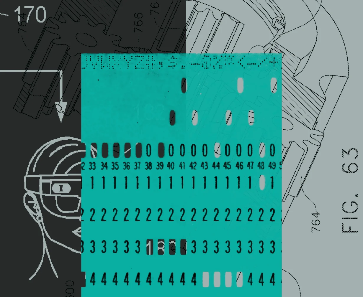 Jev announcement artwork by TypeSafe AI: a punch card over patent drawings