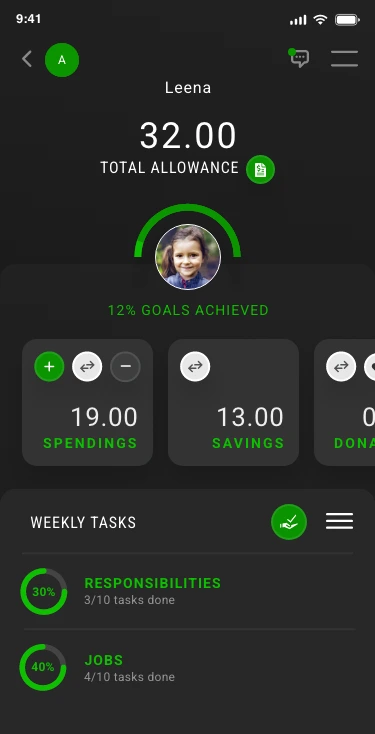 7asaleh child dashboard for Leena showing total allowance, goals achieved, spendings and savings tiles, and weekly tasks split into responsibilities and jobs