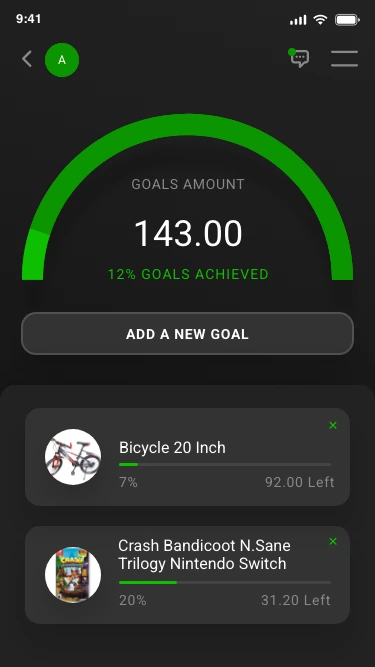 7asaleh goals screen showing a goals amount, percent achieved, an add-a-new-goal button, and saving goals for a bicycle and a Nintendo Switch game with progress and amounts left