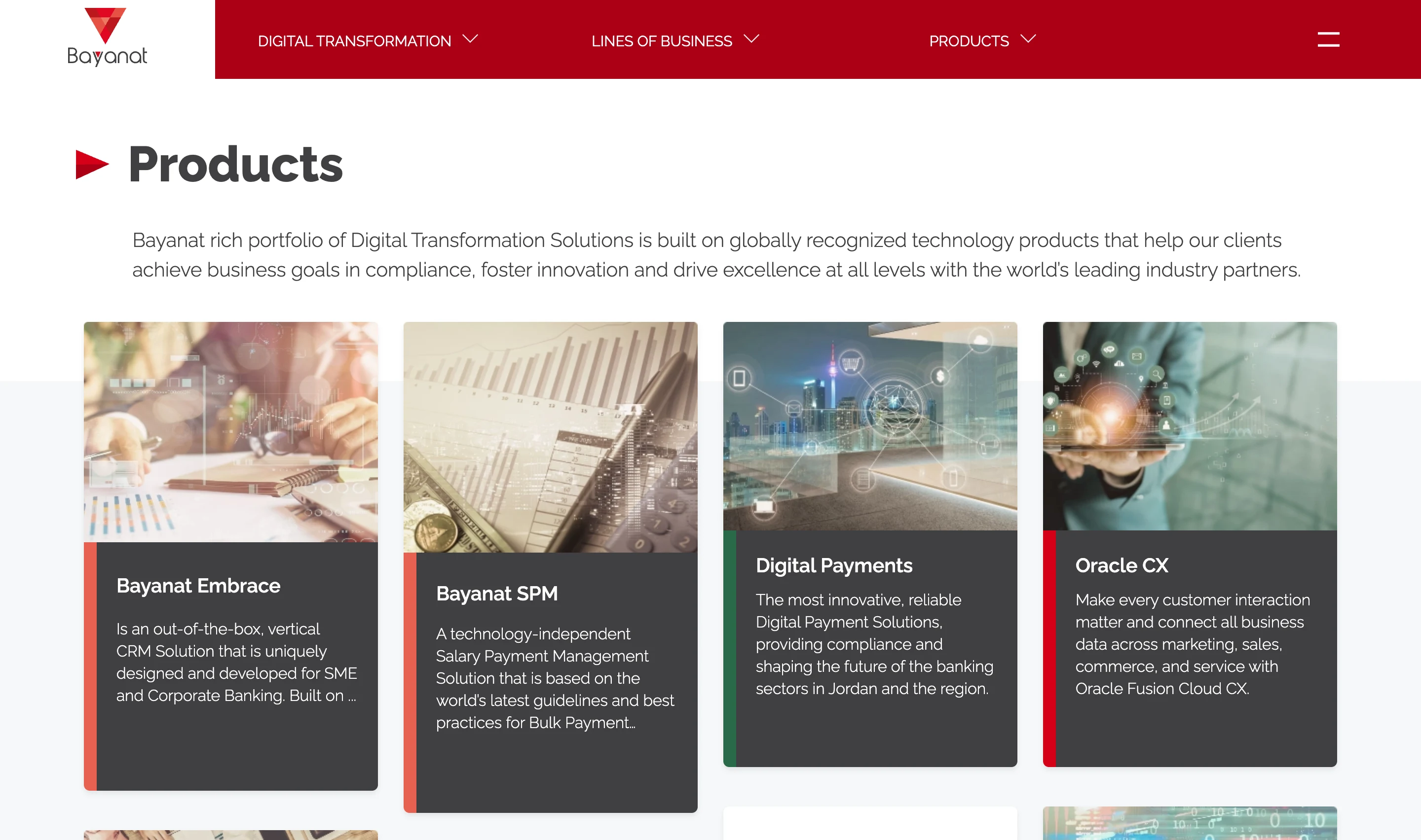 Bayanat Products page, a grid of product cards including Bayanat Embrace, Bayanat SPM, Digital Payments, and Oracle CX, each with imagery and a short description