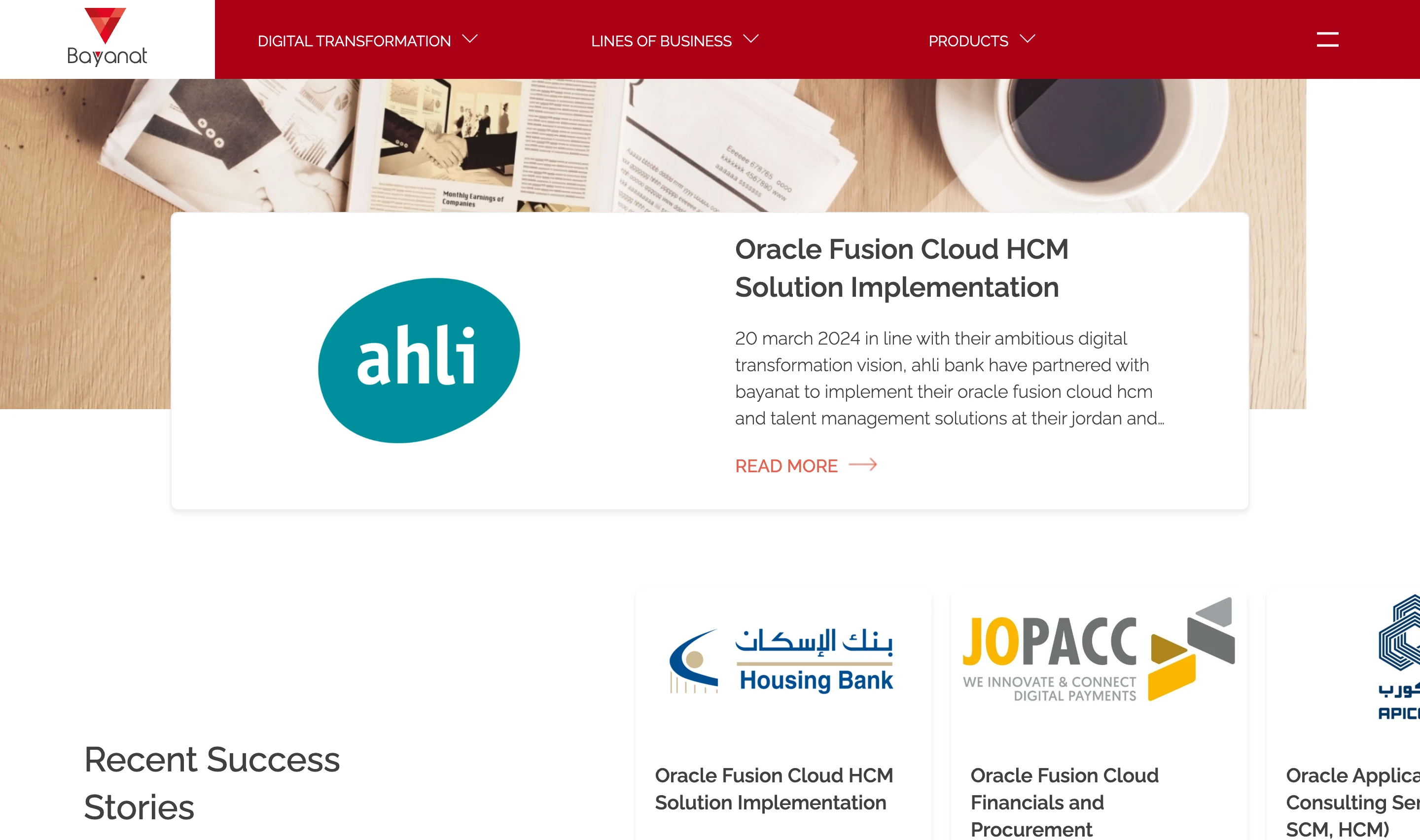 Bayanat Insights page listing success stories about banking and digital payment implementations