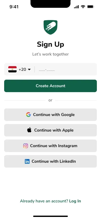 Goalngo sign-up screen with a phone-number field for Egypt and options to continue with Google, Apple, Instagram, or LinkedIn