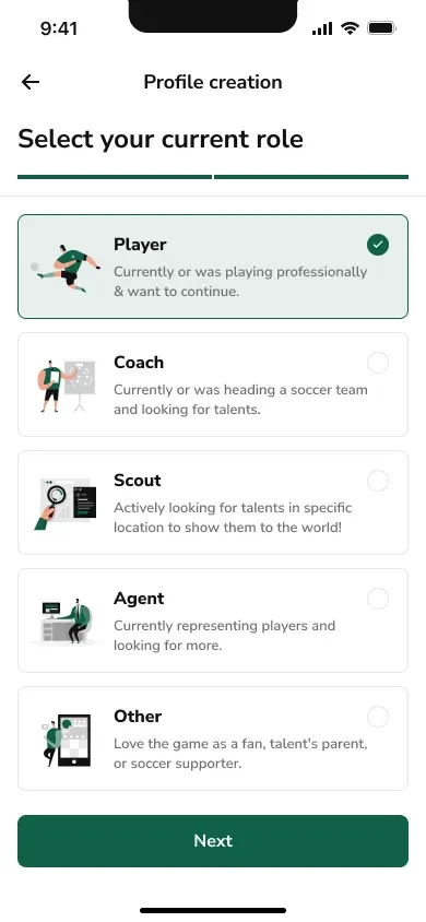 Goalngo role-selection screen during profile creation, listing Player, Coach, Scout, Agent, and Other with short descriptions
