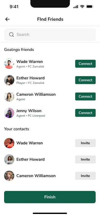 Goalngo Find Friends screen listing football contacts by role and club with Connect and Invite buttons