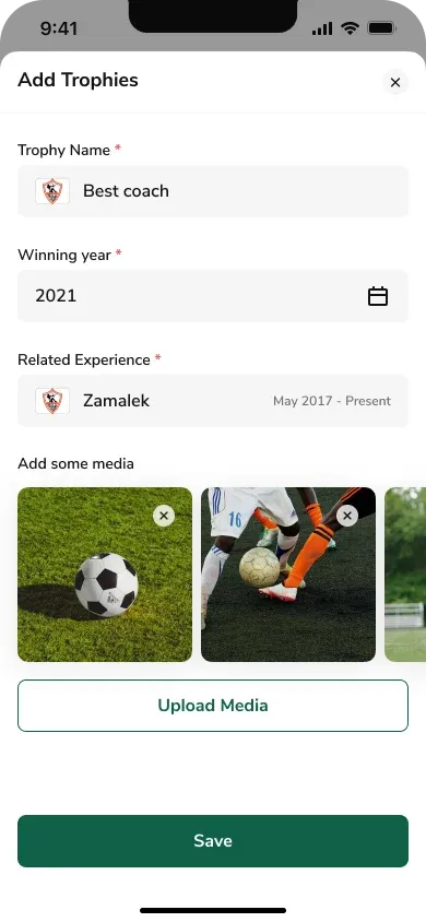 Goalngo Add Trophies screen where a coach adds a trophy, winning year, related club experience, and media