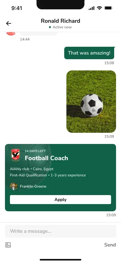 Goalngo chat screen showing a conversation with an in-line coaching job posting for a football club with an Apply button