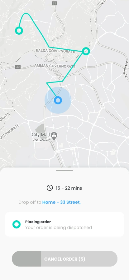 GoMint live order-tracking screen with a map showing the route across Amman, an estimated 15 to 22 minutes, the drop-off address, a dispatched status, and a cancel-order button