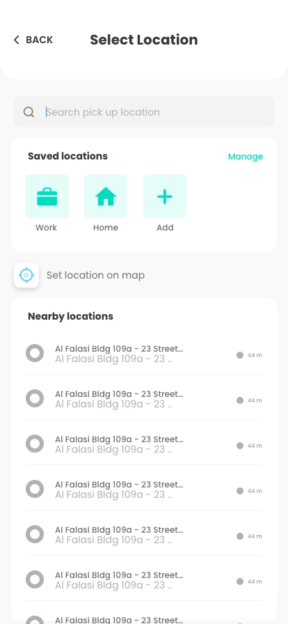 GoMint select-location screen with a pickup search, saved locations for work and home, a set-location-on-map option, and a list of nearby locations