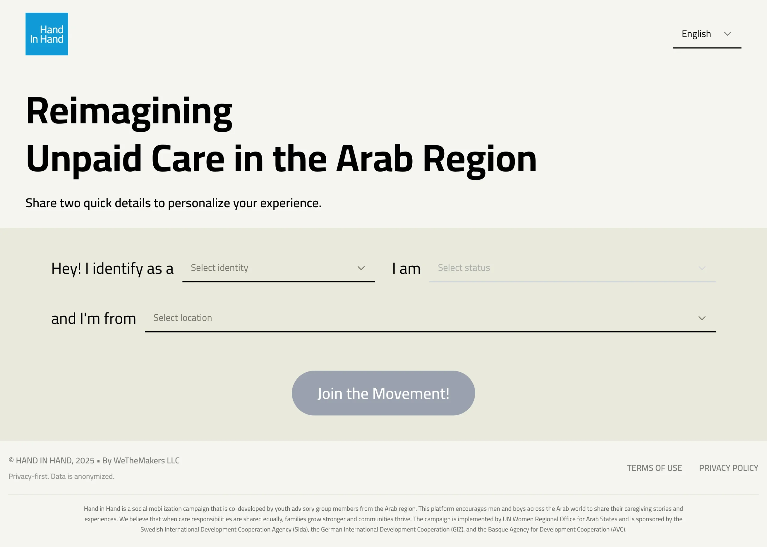 Hand in Hand onboarding hero with the 'Reimagining Unpaid Care in the Arab Region' headline above a conversational identity, status, and country form ending in a Join the Movement CTA