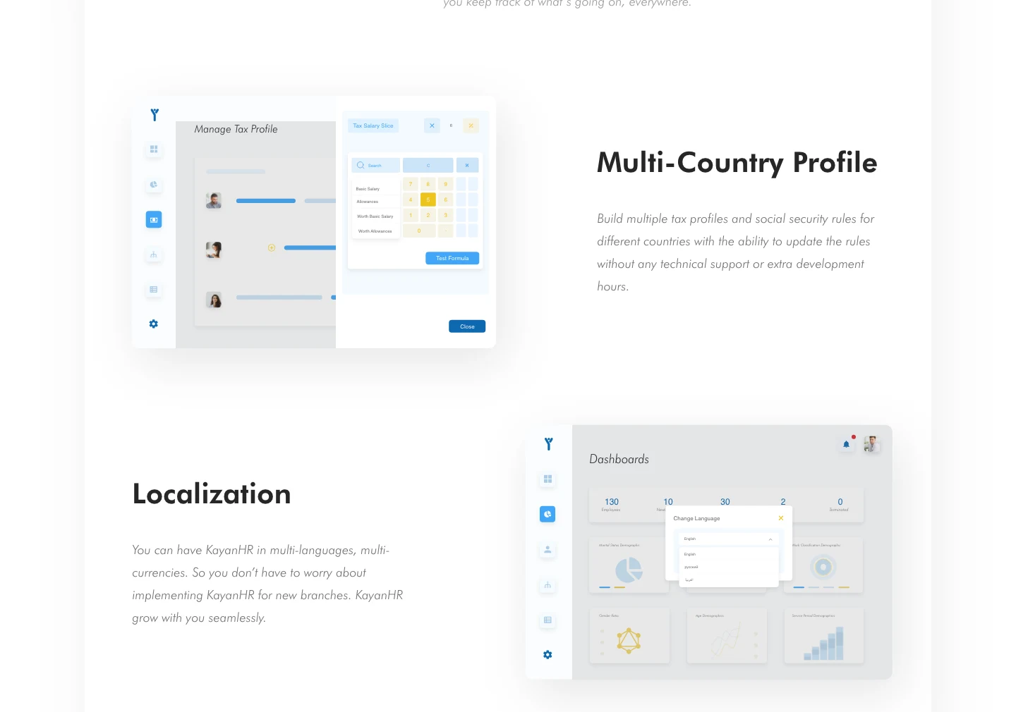 KayanHR Our Benefits section showing Multi-Country Profile and Localization with product dashboard mockups for org management and analytics