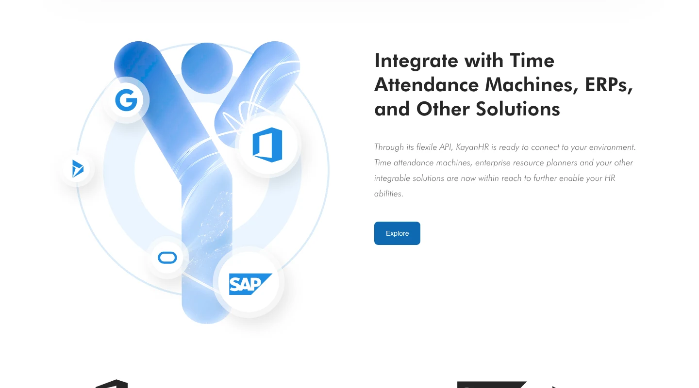 KayanHR integrations section reading Integrate with Time Attendance Machines, ERPs, and Other Solutions, with a graphic of connected service logos