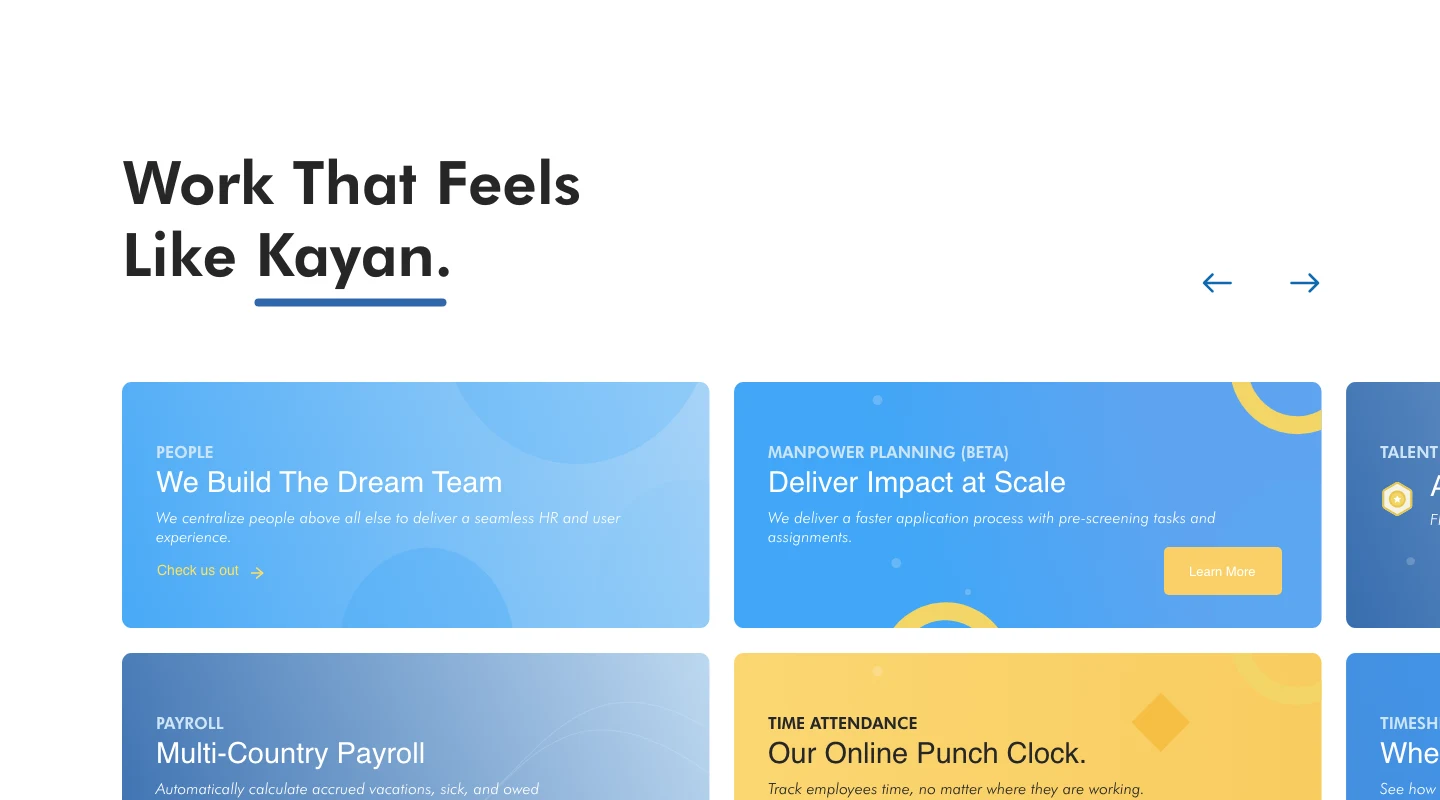 KayanHR Work That Feels Like Kayan section with feature cards for building the dream team, delivering impact at scale, multi-country payroll, and an online punch clock