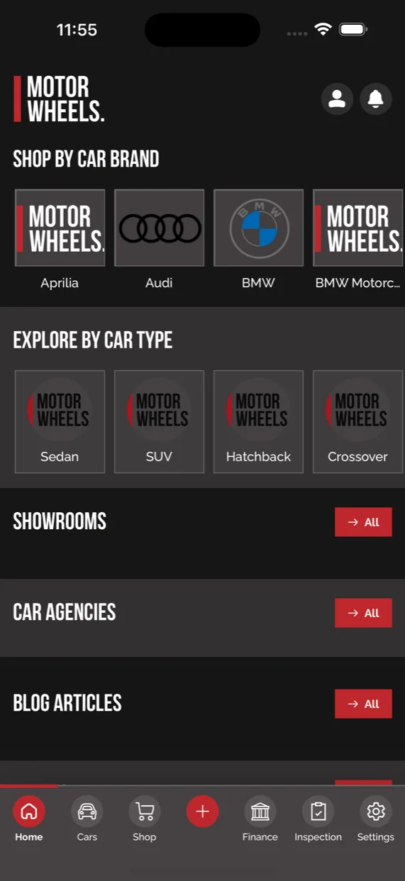 MotorWheels mobile home screen with shop-by-car-brand and explore-by-car-type grids, plus shortcuts to showrooms, car agencies, and blog articles, with the Home, Cars, Shop, Finance, Inspection, and Settings tab bar