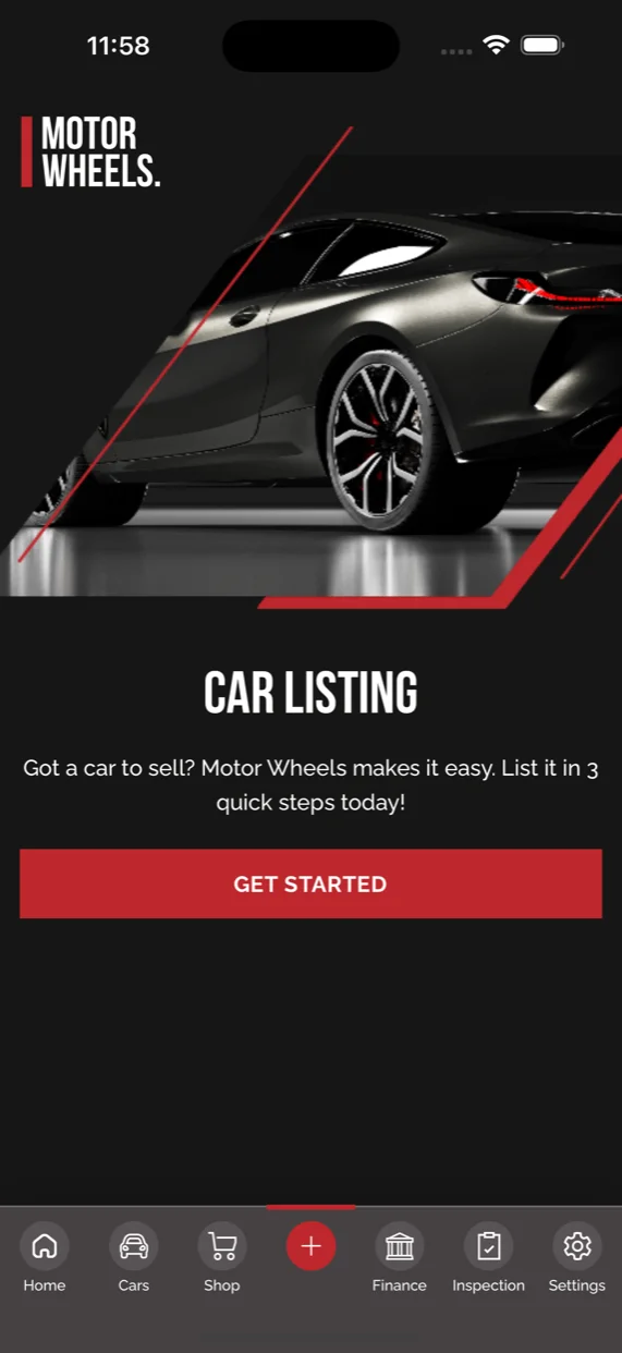 MotorWheels Car Listing CTA inviting sellers to list their car in three quick steps, anchored by a Get Started button