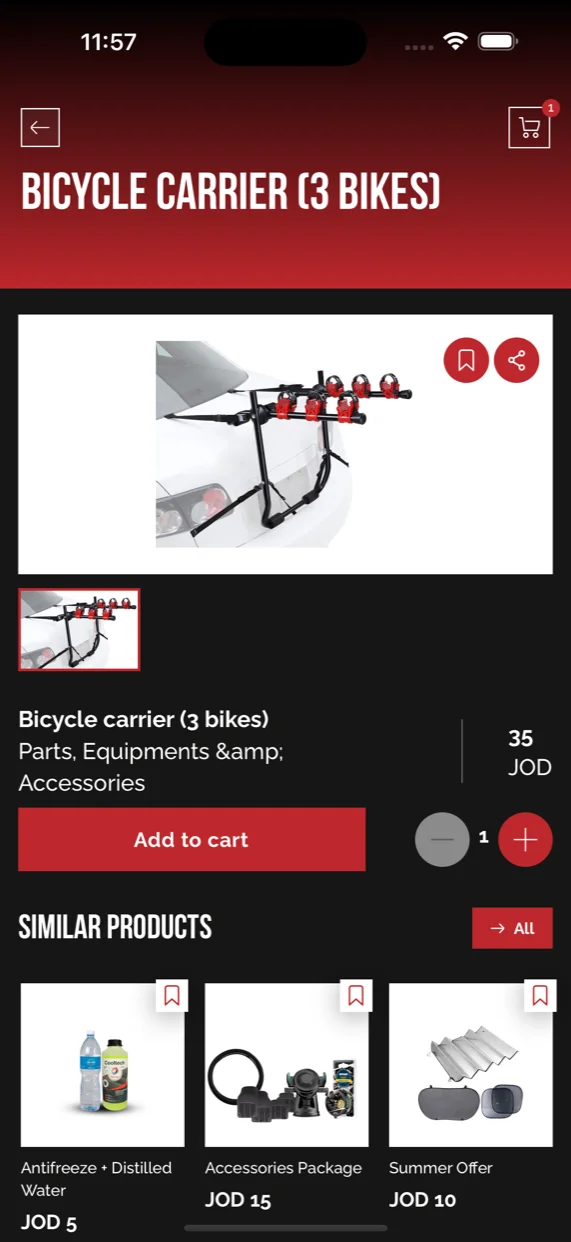 MotorWheels product detail for a bicycle carrier in Parts, Equipments and Accessories with image gallery, Add to cart, quantity stepper, and a Similar Products row