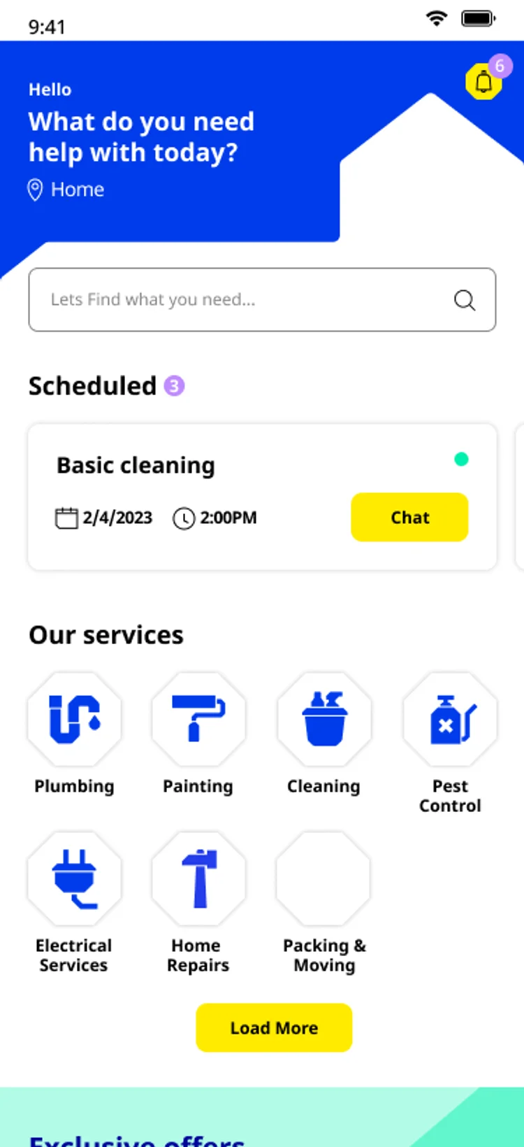 Mufeed customer app home screen asking What do you need help with today, with a search bar, a scheduled Basic cleaning card, and a grid of service icons for plumbing, painting, cleaning, pest control, electrical services, home repairs, and packing and moving