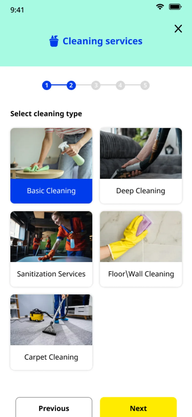 Mufeed cleaning booking flow, step 2 of 5, Select cleaning type, with cards for Basic, Deep, Sanitization, Floor and Wall, and Carpet cleaning, above Previous and Next buttons