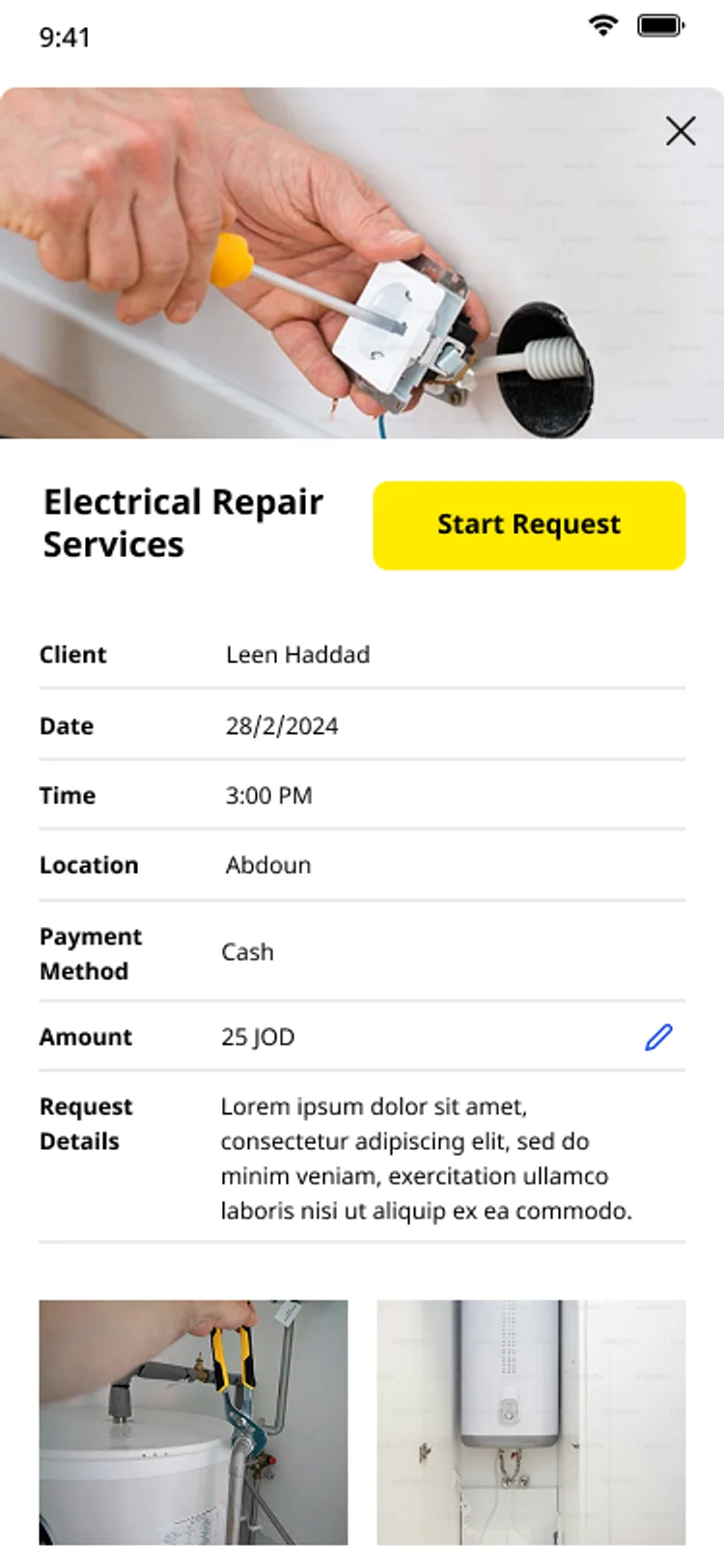 Mufeed electrical repair request detail showing client, date, time, location, cash payment, amount in JOD, a request description, and a grid of photos and a video of the job