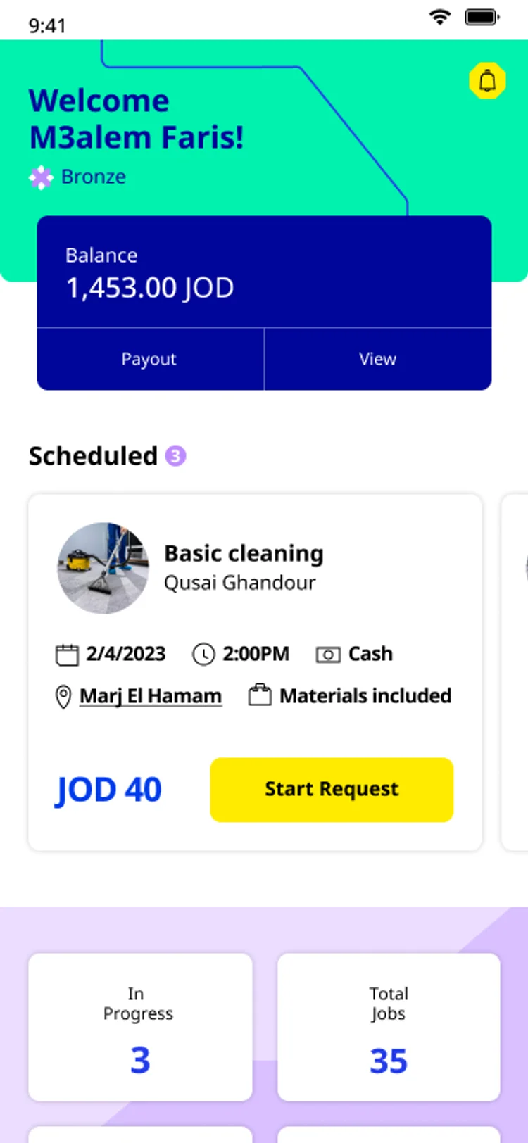 Mufeed craftsman app home, Welcome M3alem Faris, Bronze tier, with a wallet balance in JOD, a scheduled job card, and stat tiles for in progress, total jobs, weekly revenue, and month revenue