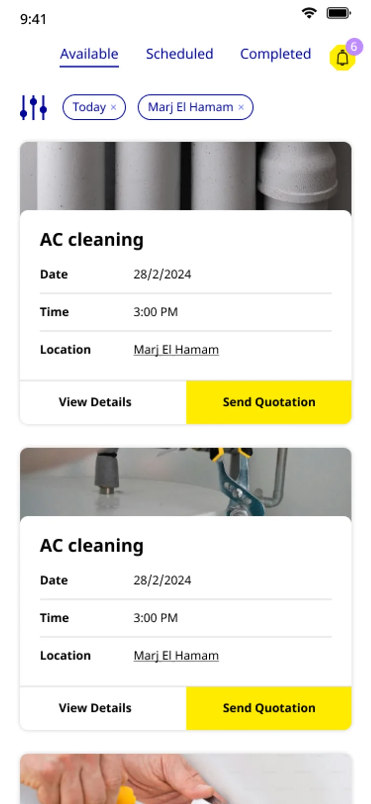 Mufeed craftsman app projects on the Available tab, filtered by Today and Marj El Hamam, showing AC cleaning jobs each with date, time, location, View Details, and Send Quotation