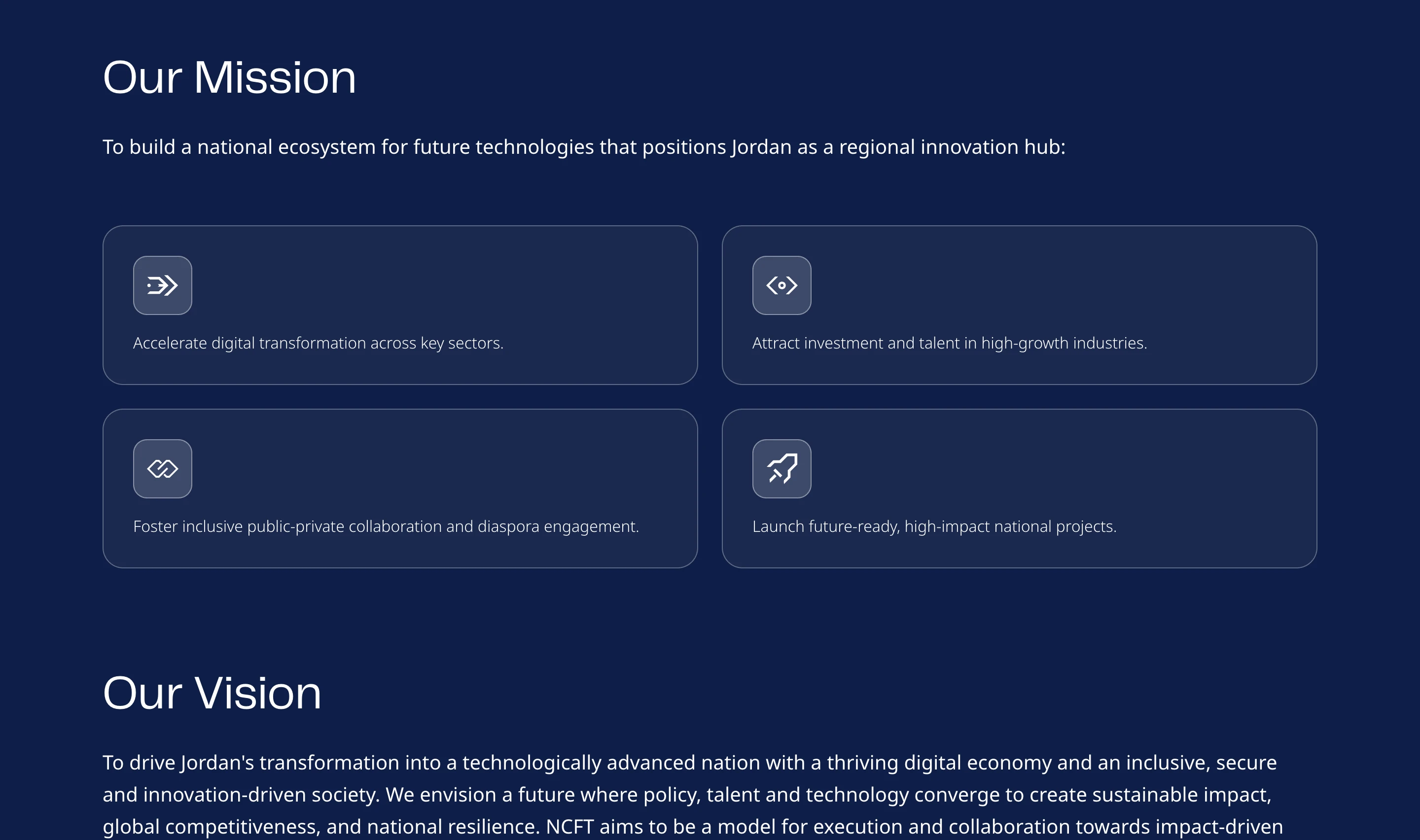 NCFT Our Mission section on a deep navy background, with four cards for accelerating digital transformation, attracting investment and talent, fostering public-private collaboration, and launching national projects