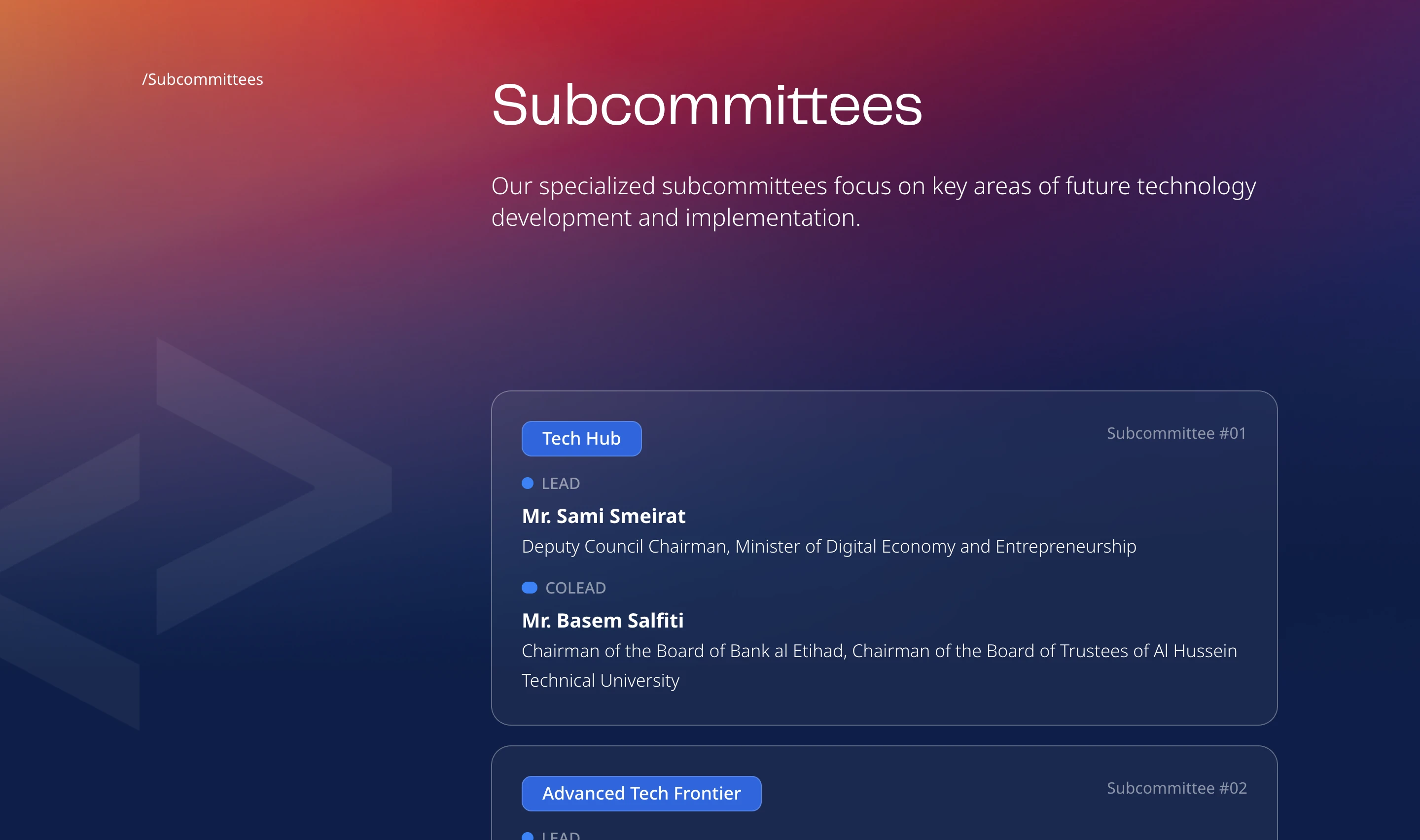 NCFT Subcommittees page over a red-to-navy gradient, with the first Tech Hub subcommittee card listing its lead and co-lead members and their national roles