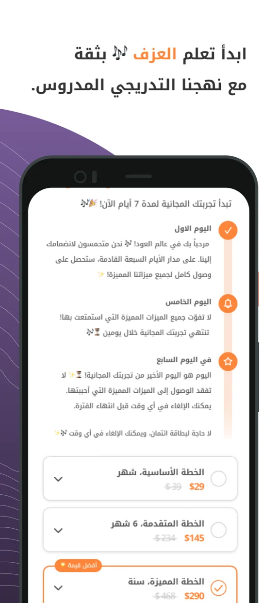 Oud Soloist trial and pricing screen with a seven-day free trial milestone walkthrough above three subscription tiers, basic monthly, advanced six-month, and a featured yearly plan