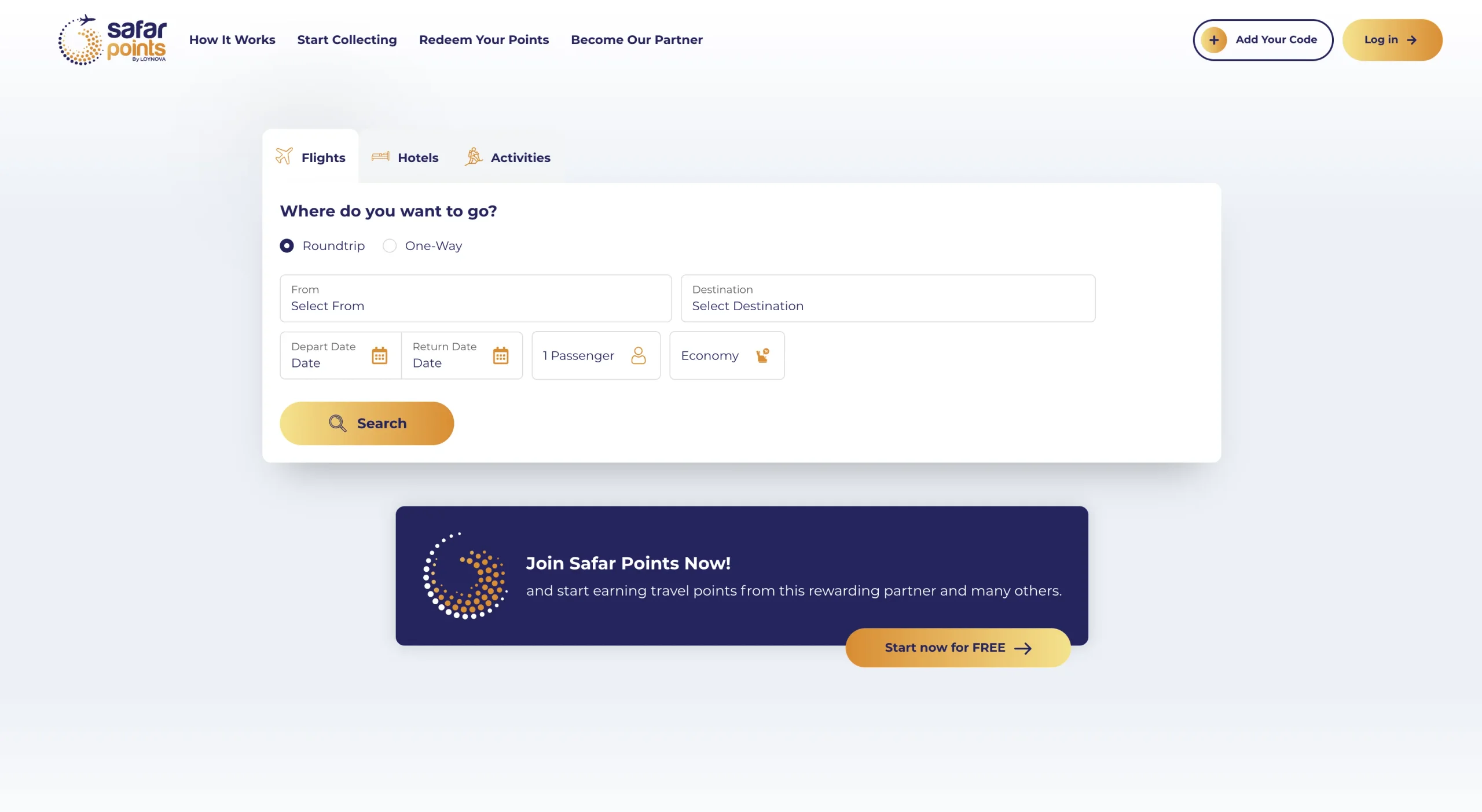 Safar Points web booking interface, Flights, Hotels, and Activities tabs above a roundtrip search form, with a Join Safar Points membership banner below