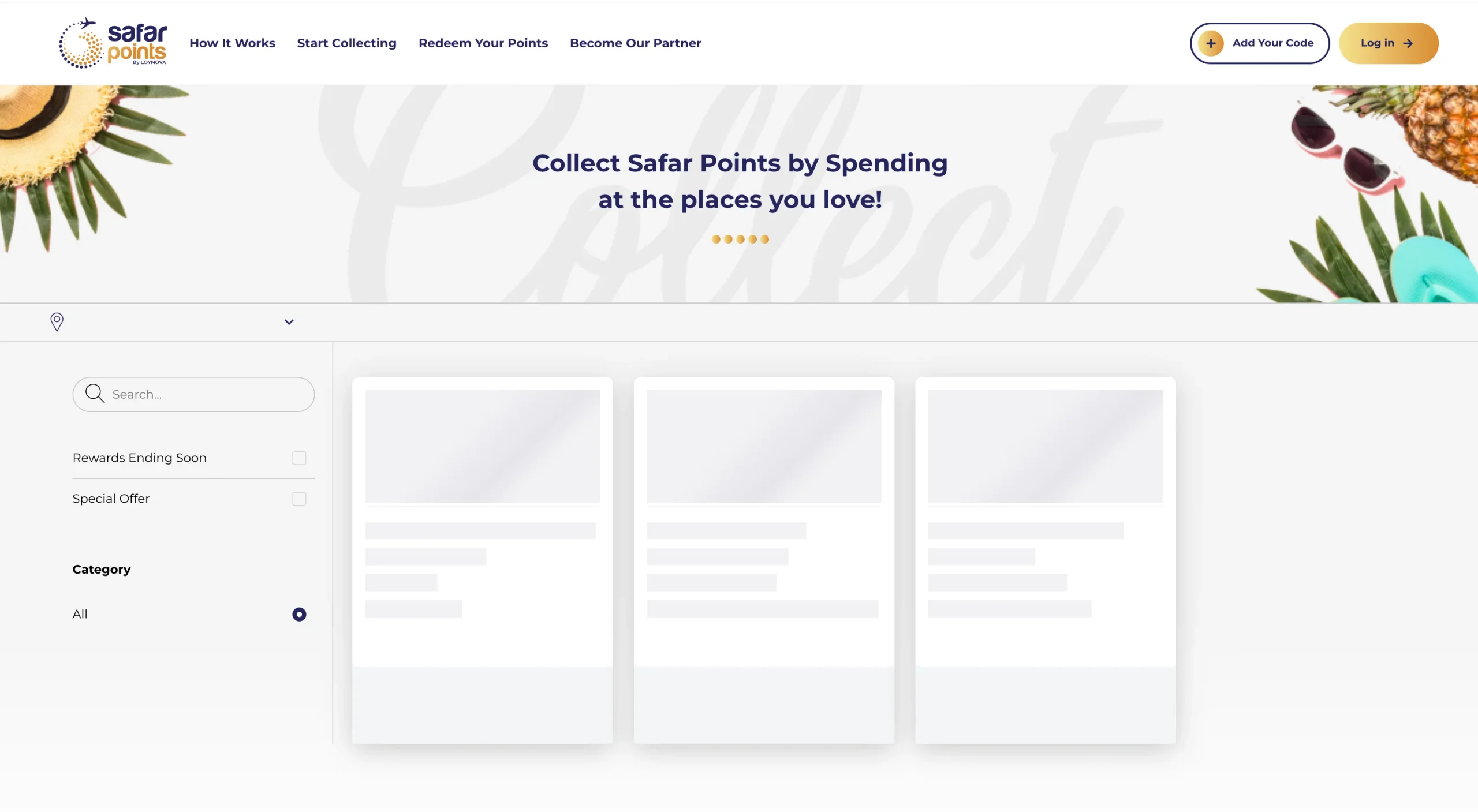 Safar Points partner directory page, 'Collect Safar Points by Spending at the places you love' headline above a filterable grid of merchant cards