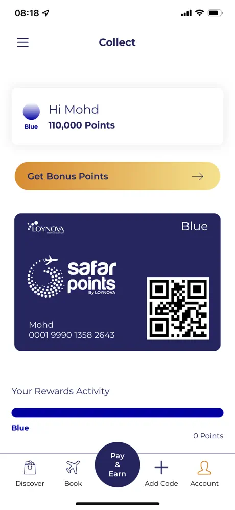 Safar Points iOS app Collect screen, member balance of 110,000 points, Get Bonus Points CTA, and a Loynova-branded loyalty card with QR code