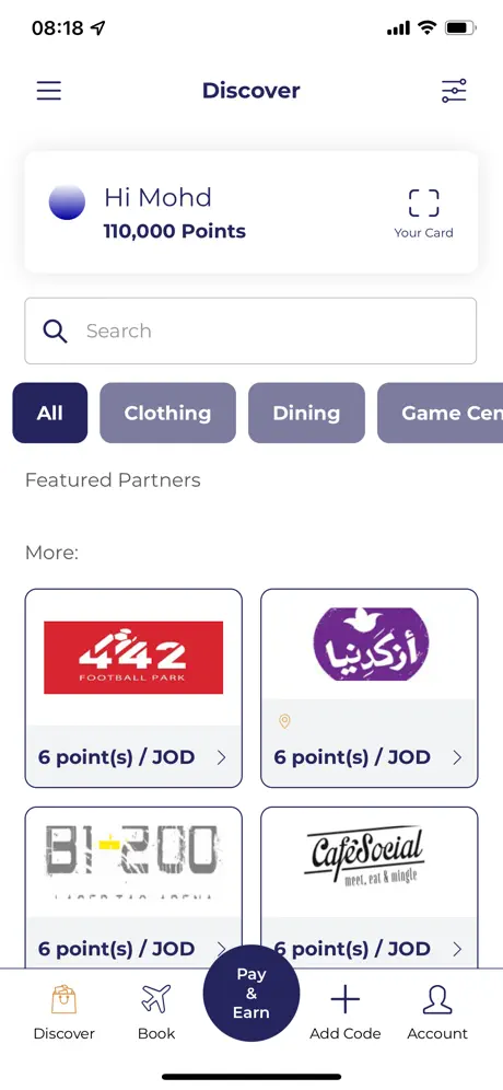 Safar Points iOS app Discover screen, point balance and Your Card shortcut above a search bar, category filters, and a grid of featured retail partners