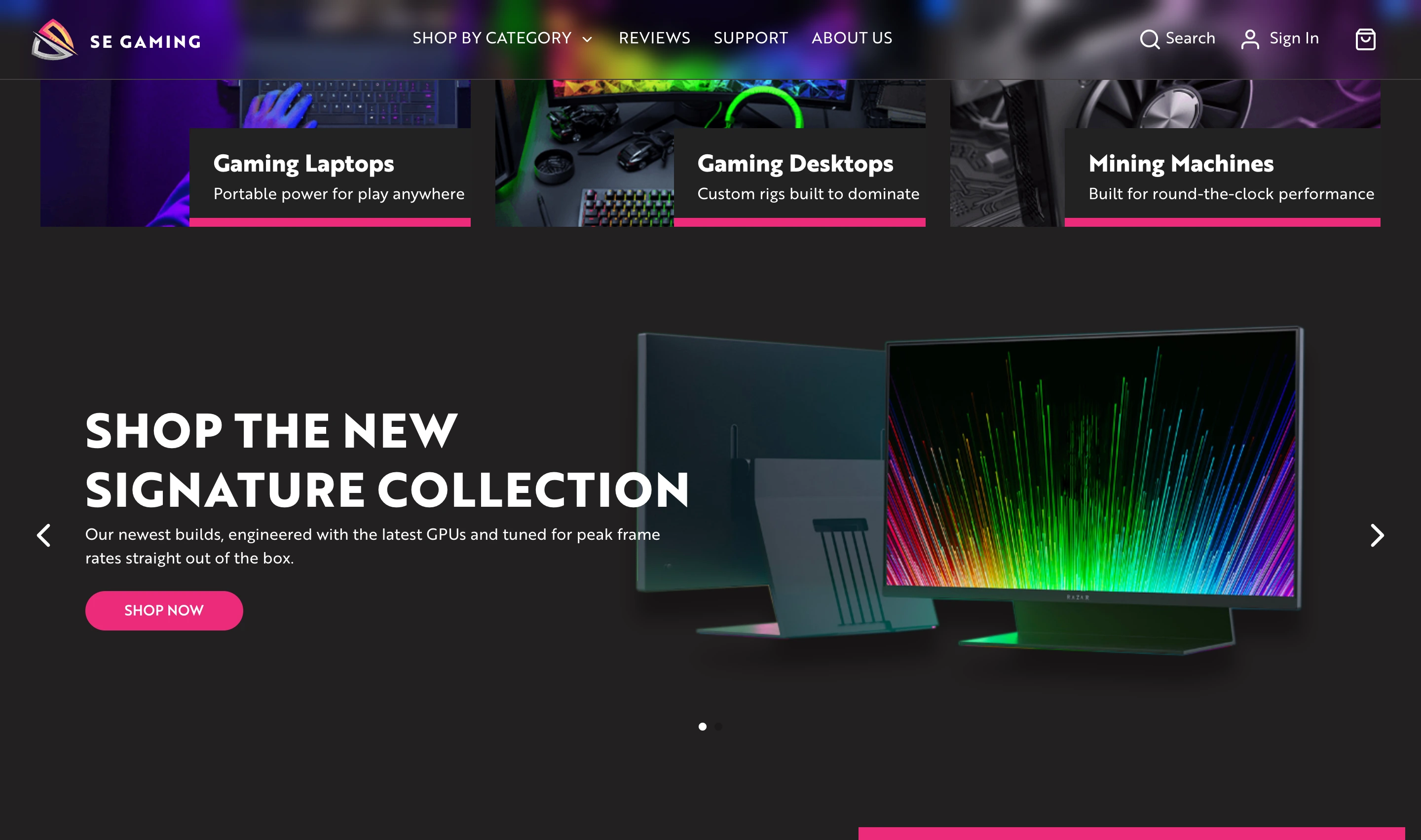 SE Gaming category tiles for Gaming Laptops, Gaming Desktops, and Mining Machines, above a Shop the New Signature Collection banner with a gaming monitor