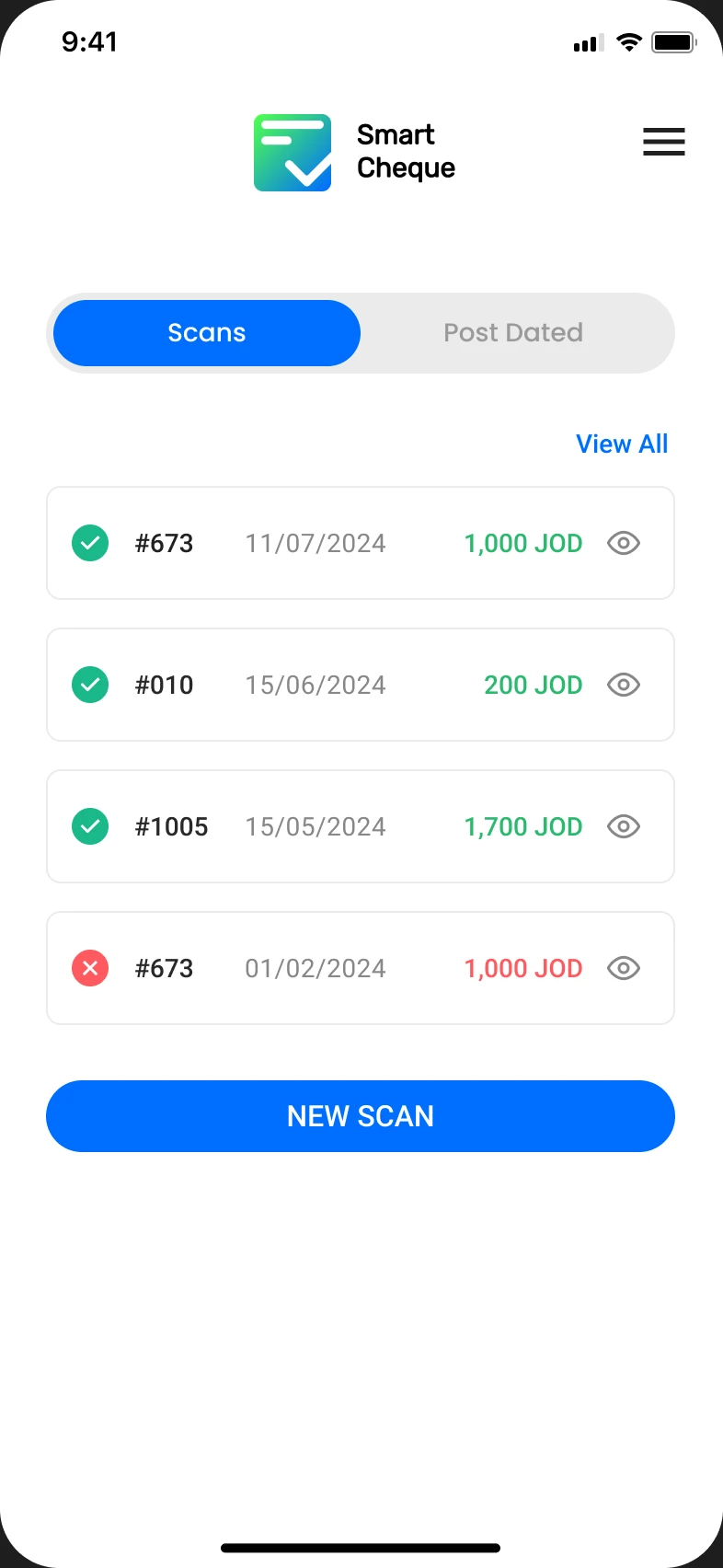 Smart Cheque home screen with Scans and Post Dated tabs and a history list of scanned cheques showing reference numbers, dates, amounts in JOD, and valid or invalid status, above a New Scan button