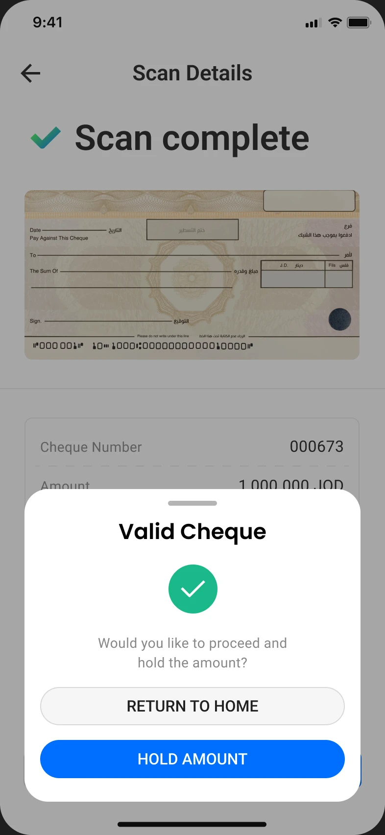 Smart Cheque scan-complete screen showing the captured cheque and a Valid Cheque confirmation sheet with options to hold the amount or return home