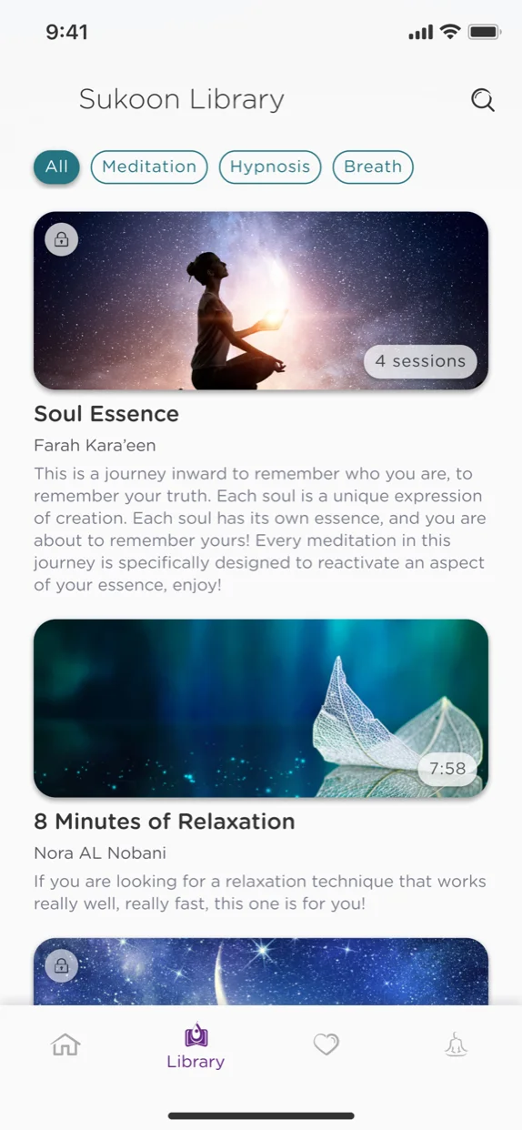 Sukoon Library screen titled Sukoon Library with category filters for Meditation, Hypnosis, and Breath above a grid of audio sessions tagged by teacher and duration
