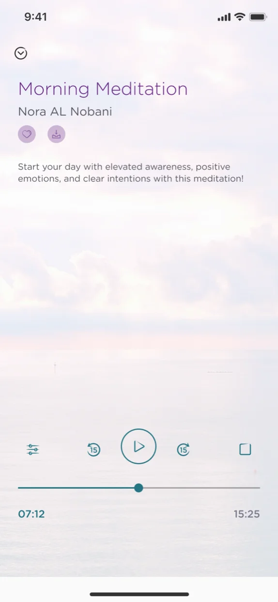 Sukoon player screen showing Morning Meditation by Nora Al Nobani with track artwork, scrubber, play controls, and add to favorites