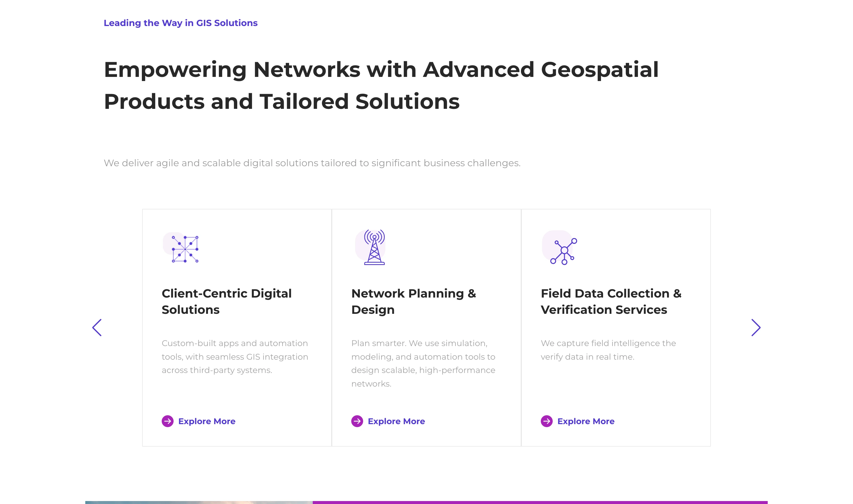 Teklabz products section titled Empowering Networks with Advanced Geospatial Products and Tailored Solutions, showing a carousel of service cards for digital solutions, network planning, and field data verification