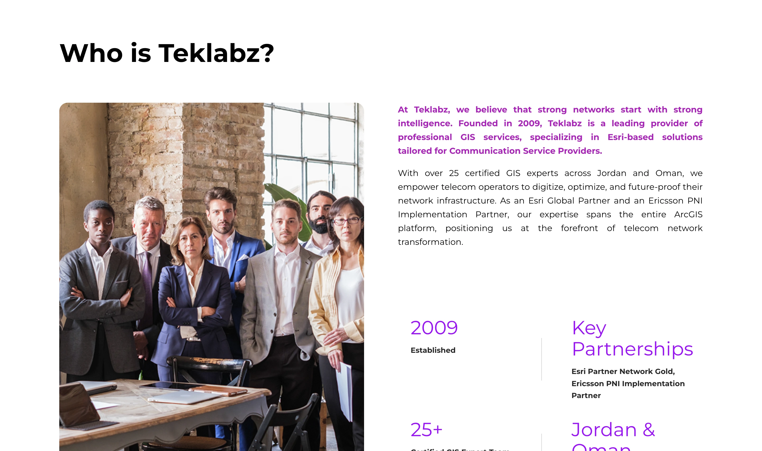 Teklabz About page reading Who is Teklabz, with a team photo and stat blocks for 2009 established, 25 plus certified GIS experts, ArcGIS core platform, and an Esri and Ericsson partnership