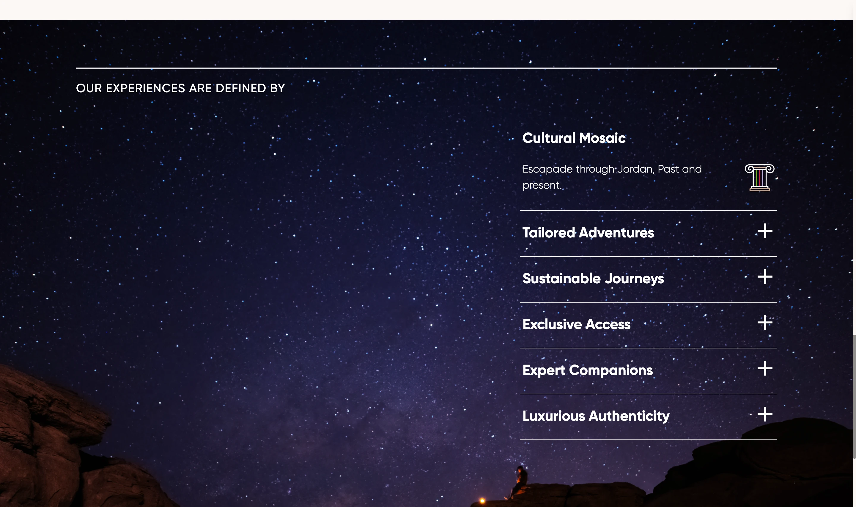 Totally Jordan Our Experiences Are Defined By section over a Milky Way night sky, with an accordion listing Cultural Mosaic, Tailored Adventures, Sustainable Journeys, Exclusive Access, Expert Companions, and Luxurious Authenticity