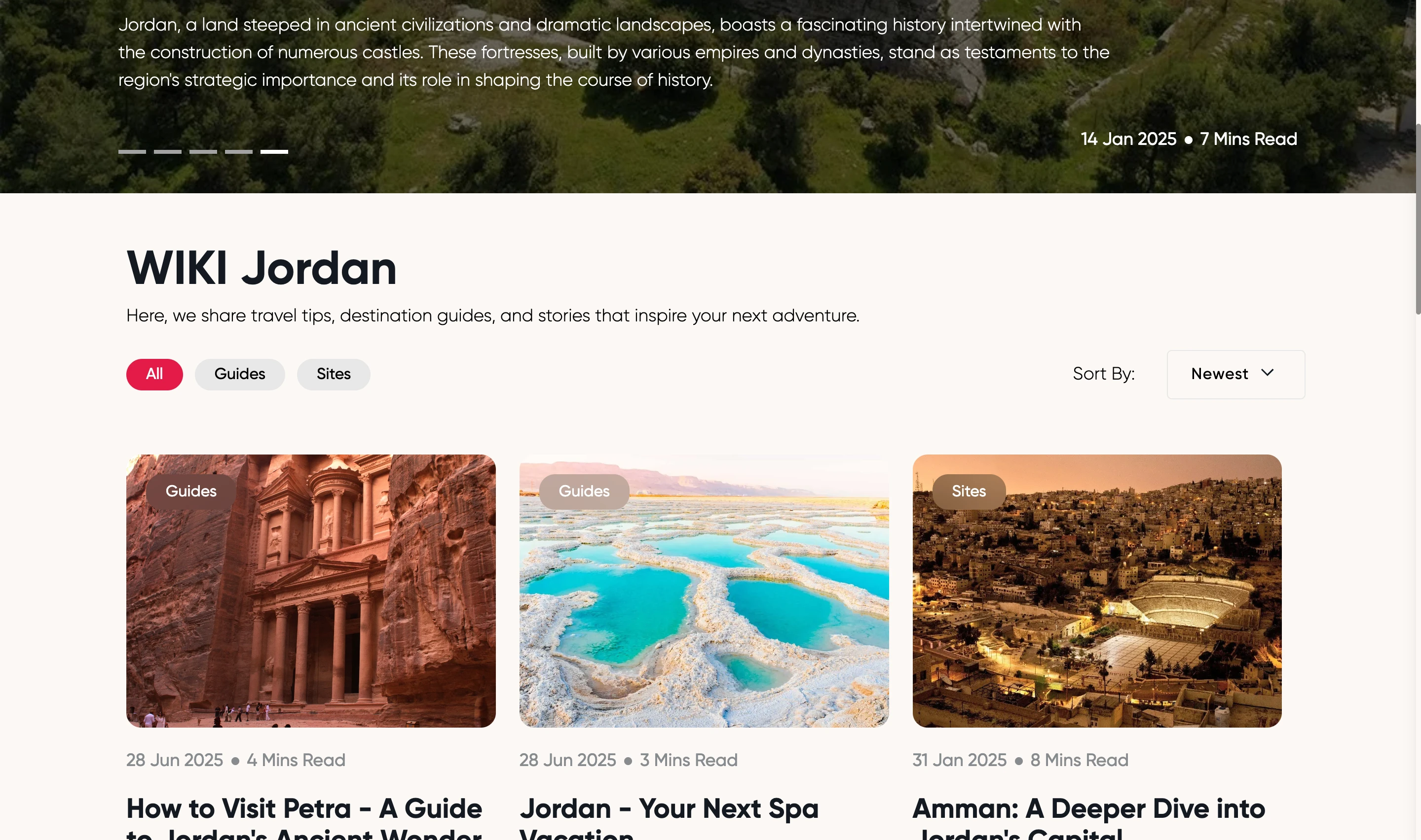 Totally Jordan WIKI Jordan content section with a featured guide, filter tabs, a sort control, and article cards for visiting Petra, a Dead Sea spa vacation, and Amman