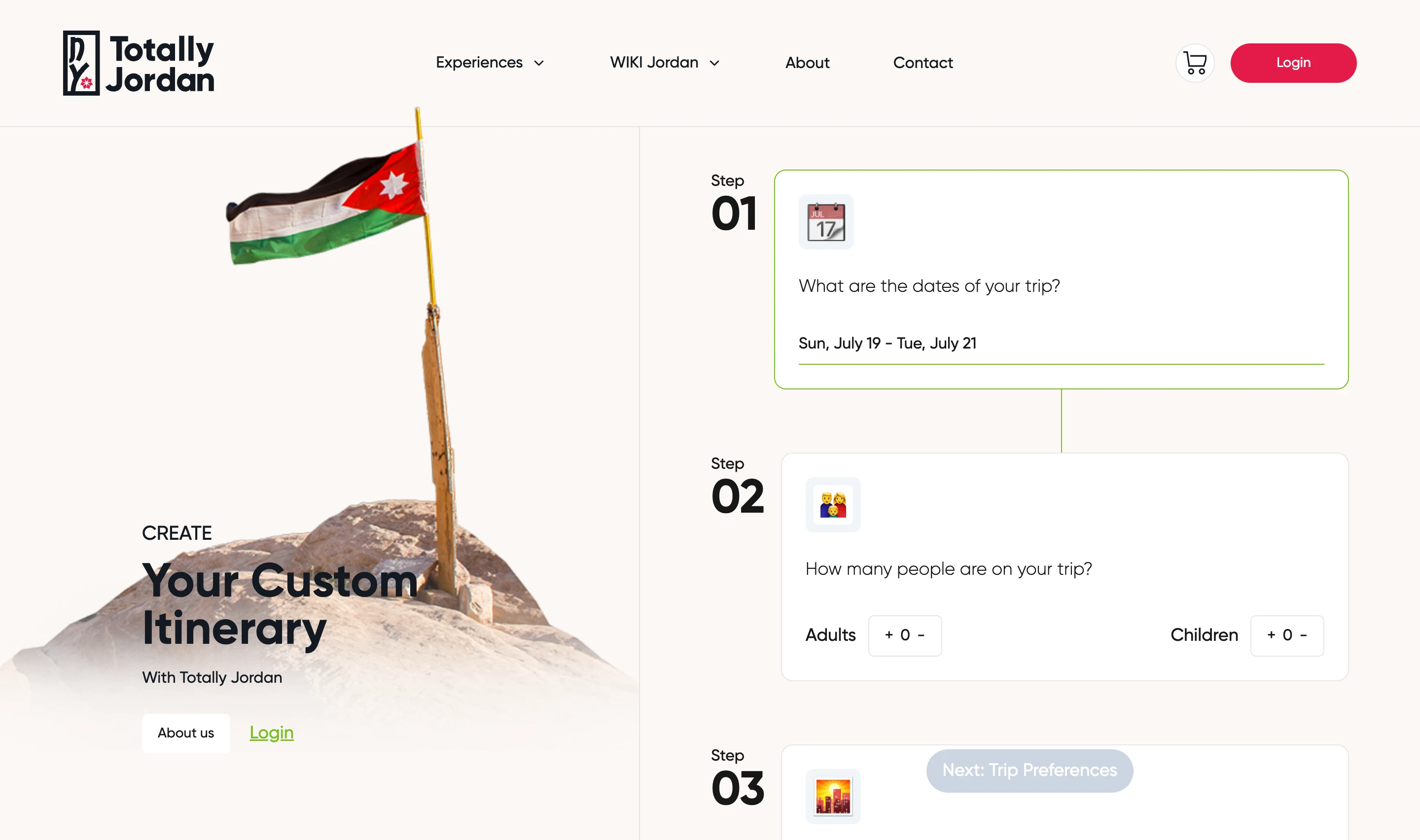 Totally Jordan custom-itinerary builder, a step-by-step planner for trip dates, number of travelers, and cities, beside a photo of the Jordanian flag on a Petra ridge