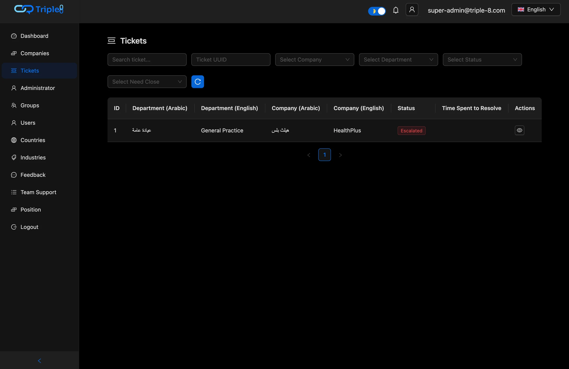 Triple 8 ticket-management screen with search and company, department, and status filters, and a bilingual tickets table showing an escalated ticket for HealthPlus