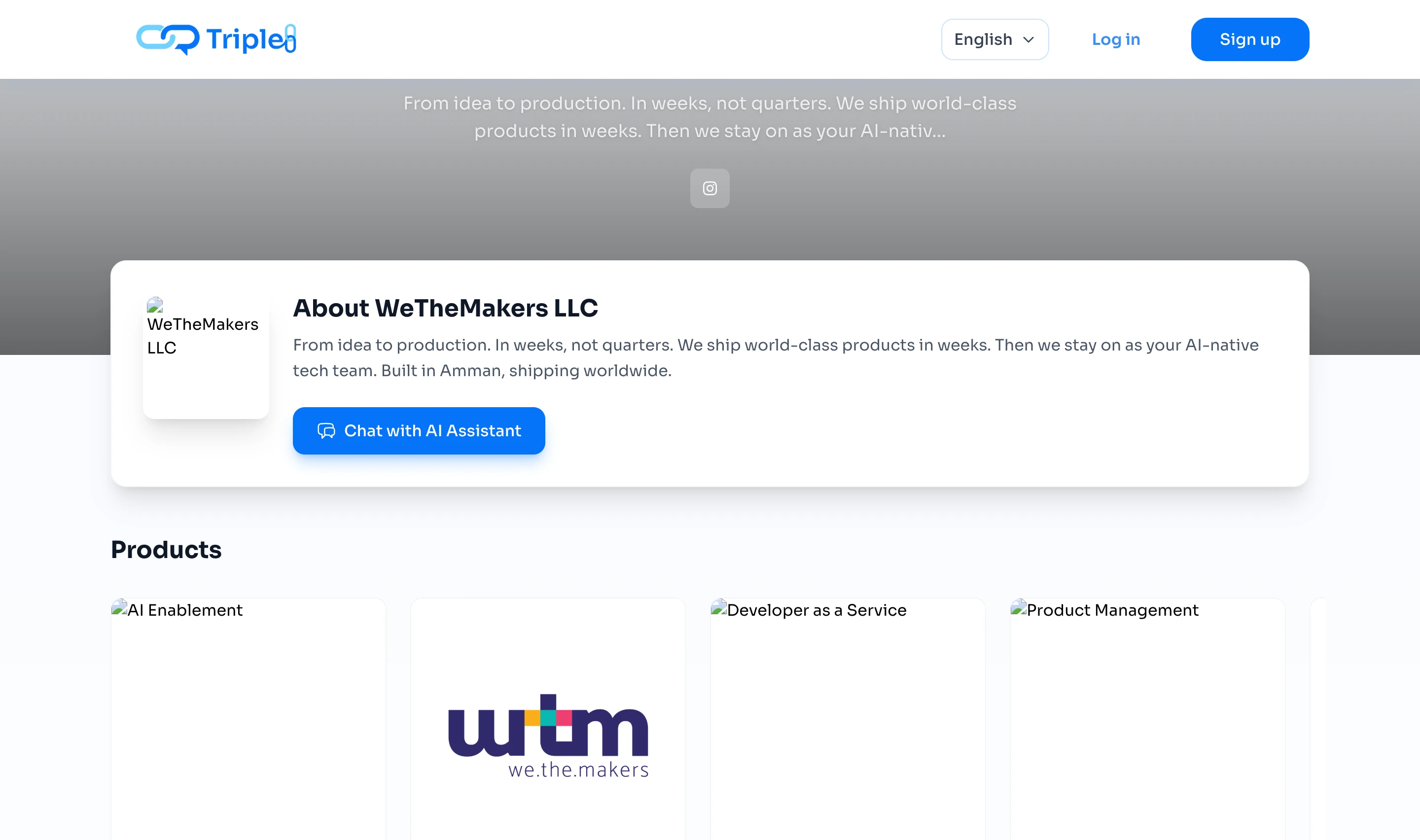 Triple 8 company profile page for WeTheMakers LLC, with an About section and a prominent Chat with AI Assistant button that opens the company's AI agent