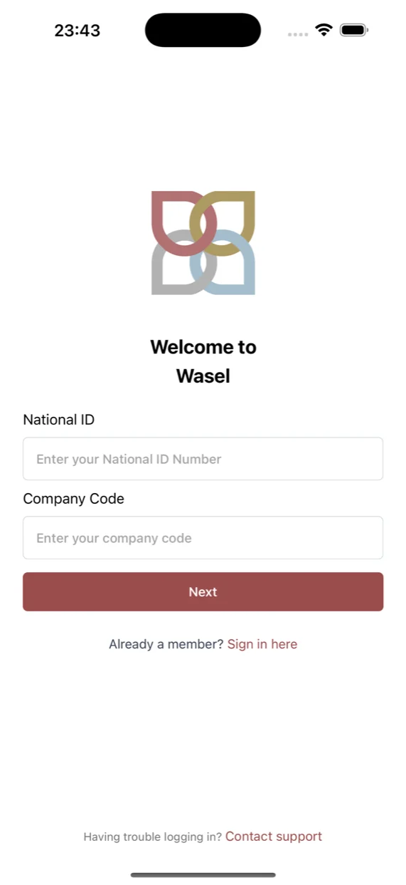 Wasel sign-up screen titled Welcome to Wasel, asking for National ID and Company Code with a Next button and a Sign in here link for existing members
