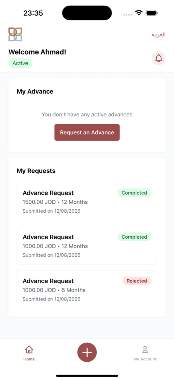 Wasel home screen titled Welcome Ahmad with an Active status pill, a My Advance card prompting Request an Advance, and a My Requests list showing two completed and one rejected advance request, anchored by a Home and My Account tab bar with a centered plus action