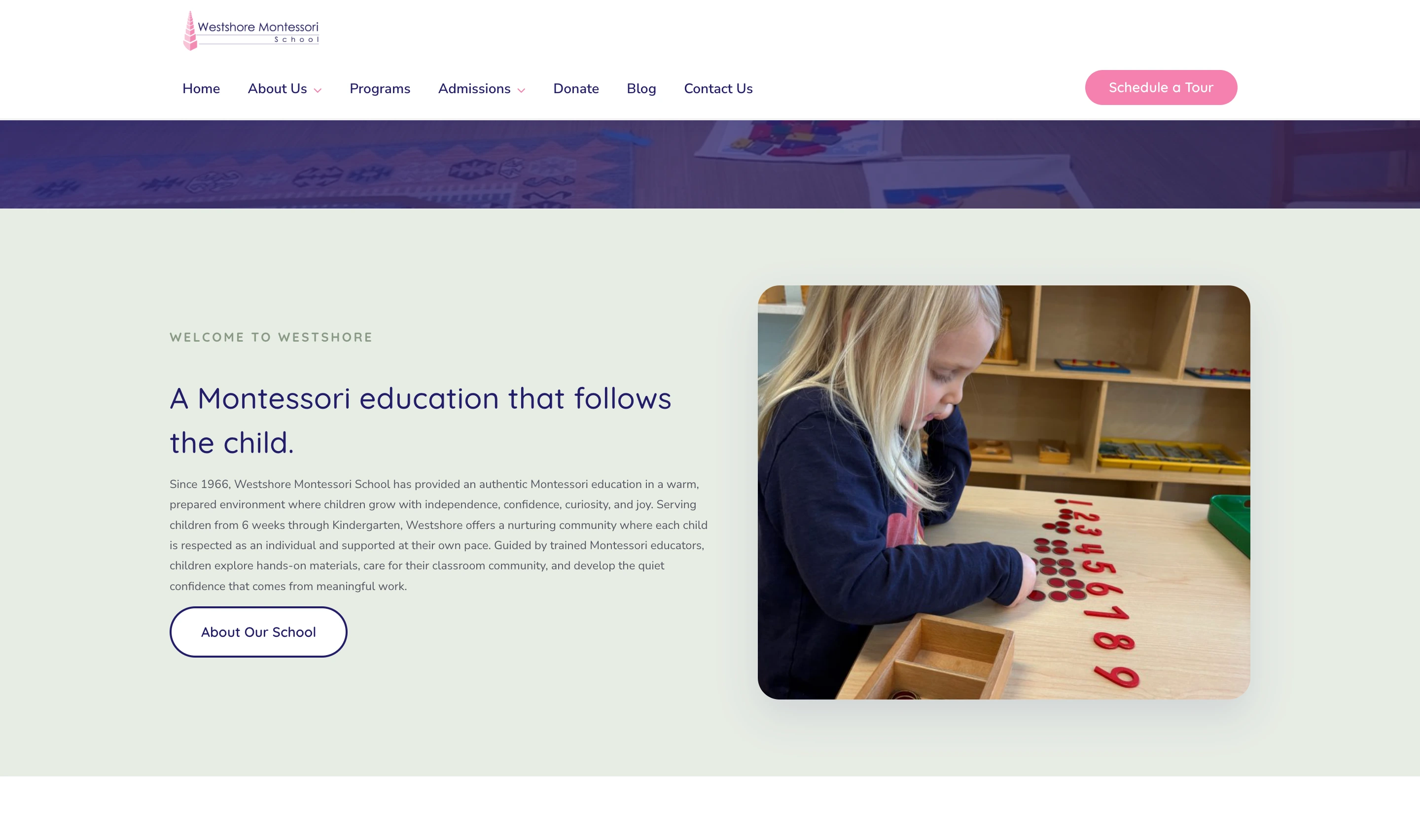 Westshore welcome section headed A Montessori education that follows the child, beside a photo of a young child working with a wooden Montessori number and counter material