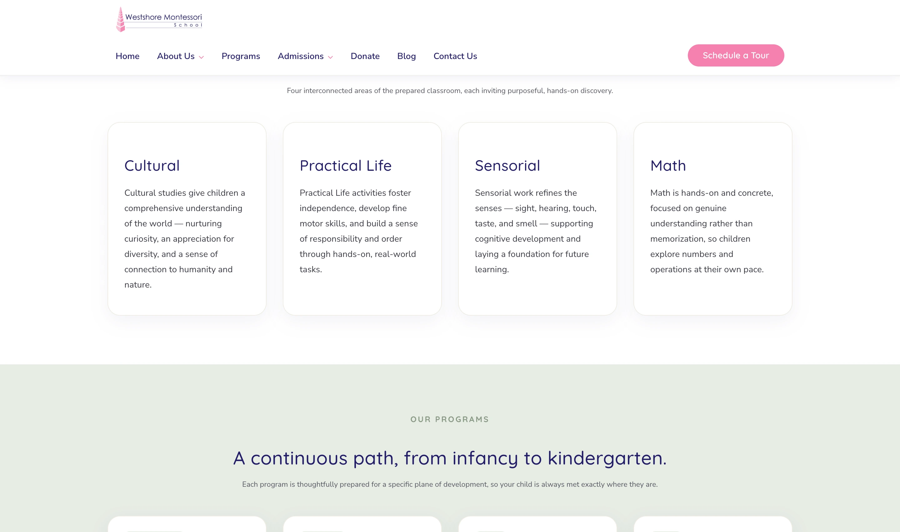 Westshore curriculum section titled What your child explores each day, presenting the Montessori areas Cultural, Practical Life, Sensorial, and Math