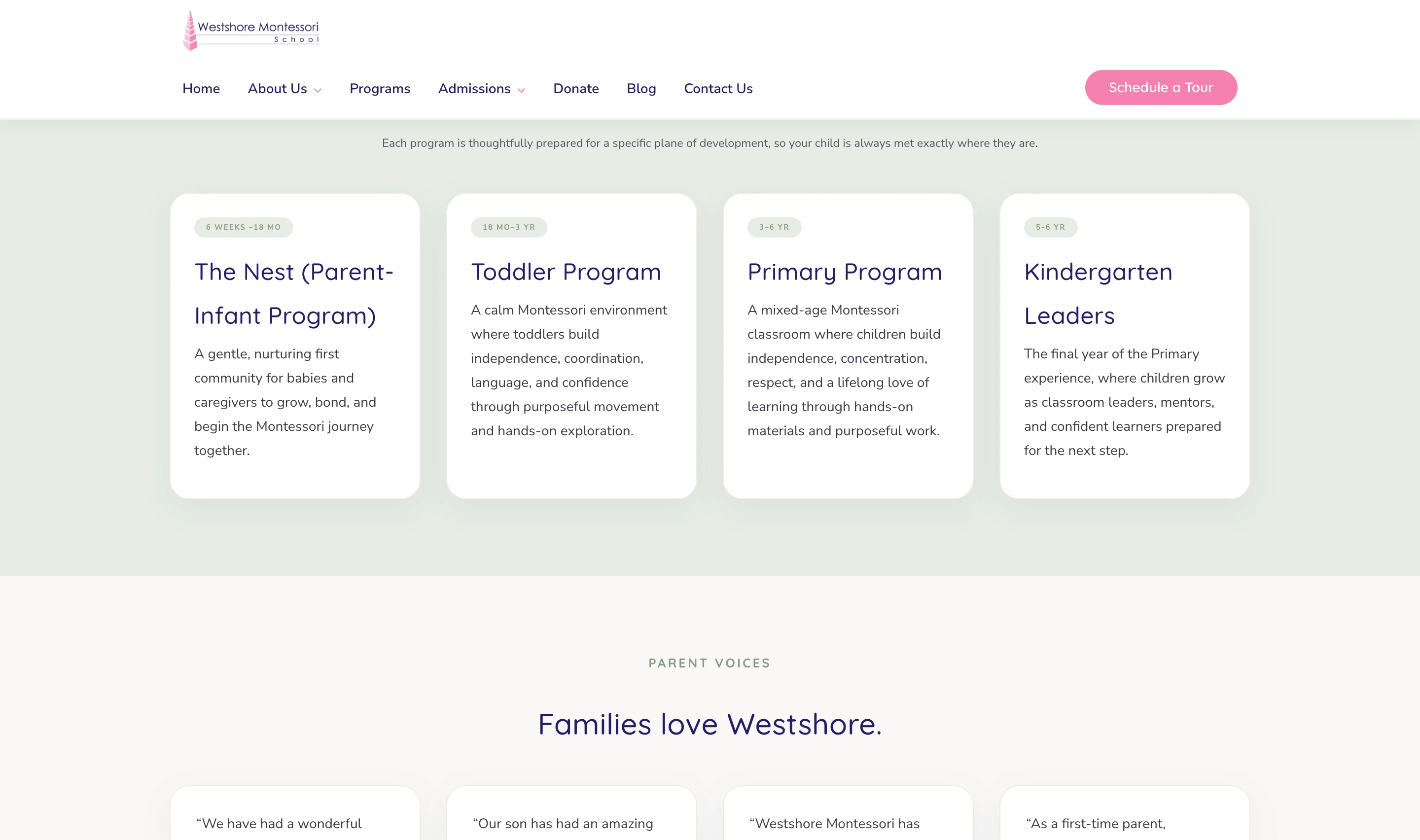 Westshore programs section showing four age-banded cards, The Nest for parent and infant, Toddler Program, Primary Program, and Kindergarten Leaders, each with a short description