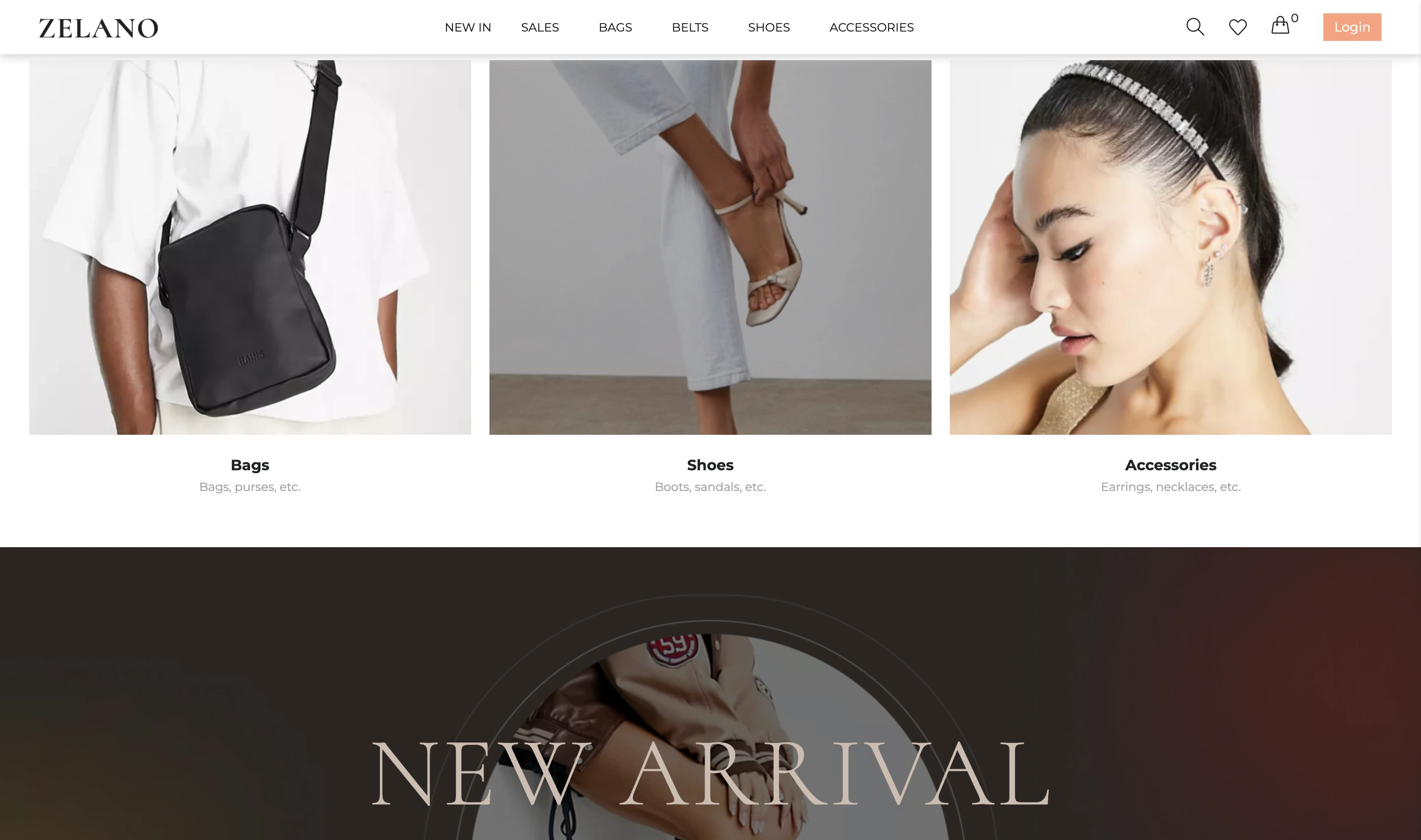 Zelano Category Sale section with three cards, Bags, Shoes, and Accessories, each shown on a model in a clean editorial photo