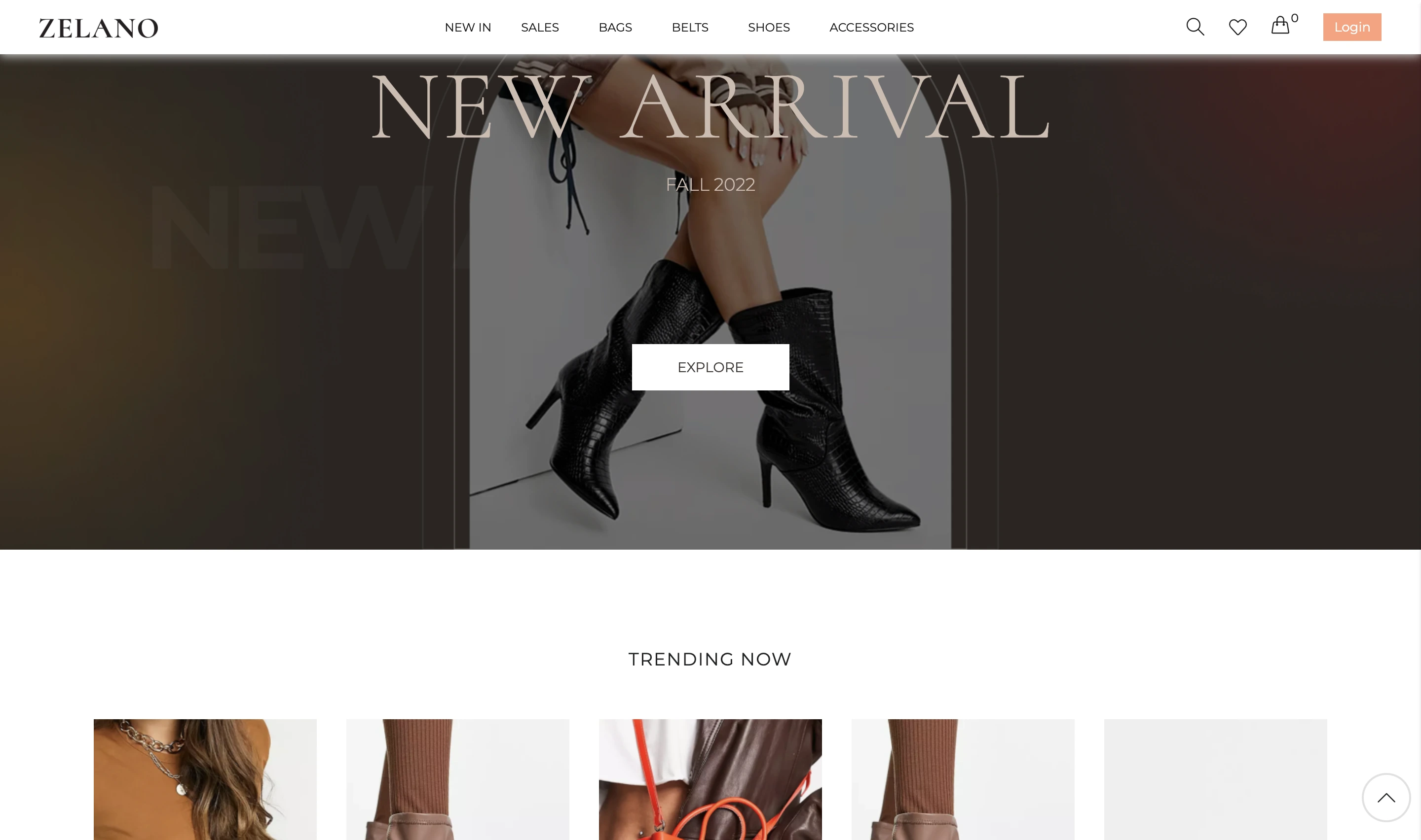 Zelano New Arrival Fall 2022 banner featuring black heeled boots framed in an arch, with an Explore button